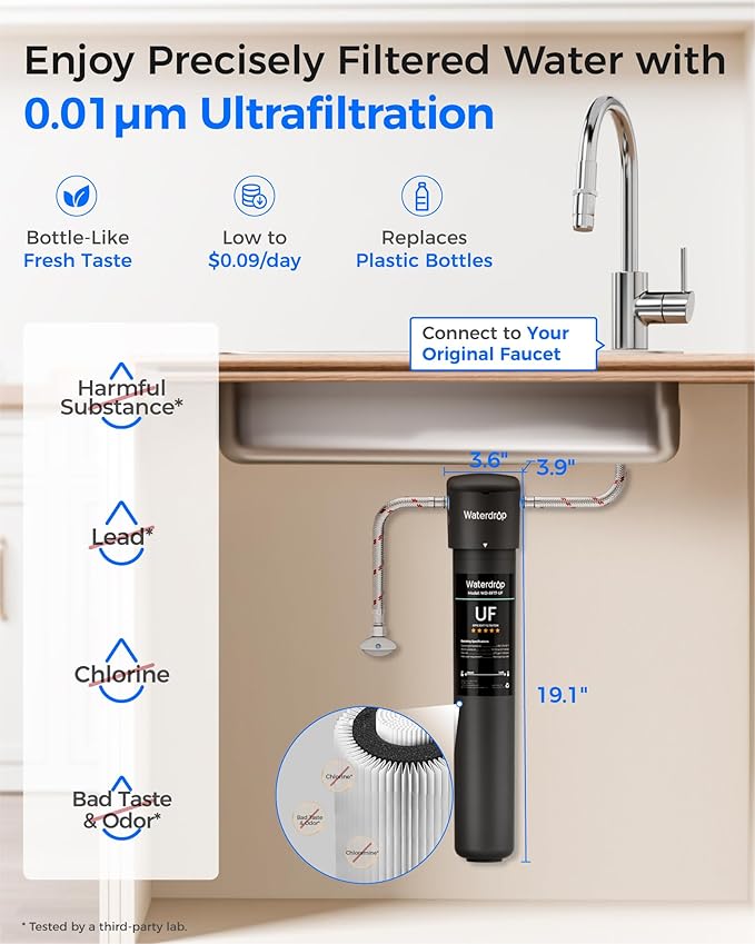 Waterdrop 17UA-UF 0.01 μm Ultra Filtration Under Sink Water Filter System, 3 Years, Reduces Lead, Chlorine, Bad Taste & Odor, Connects Directly to Your Faucet