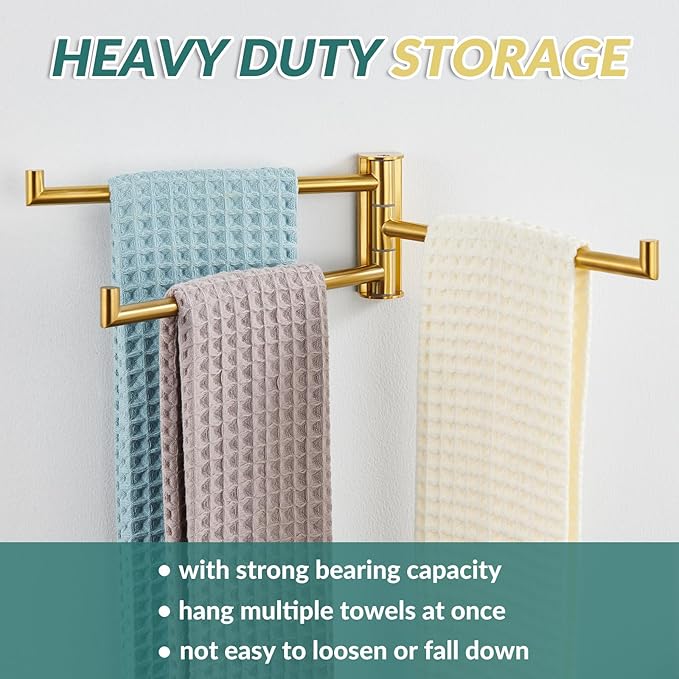 APLusee Swivel Towel Rack for Bathroom Door Wall Mounted, Swivel Towel Bar with 3 Rotating Arms 304 Stainless Steel, Flexible Kitchen Wall Hanging, Brushed Gold