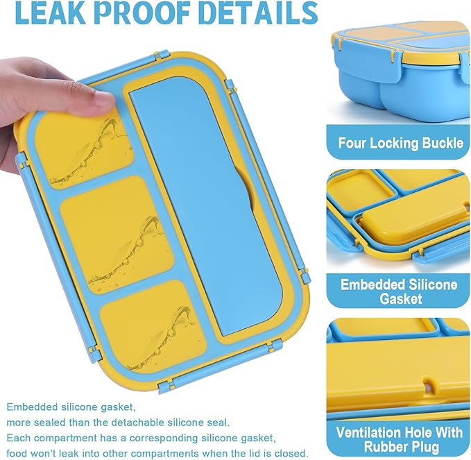 shell and turtle Bento Box for Kids Girls Boys, Bento Box Adult Lunch Box with 4 Compartments, Lunch Containers with Utensils, Sauce Jar, Muffin Liners for School, 40 Oz/5 Cup, Blue