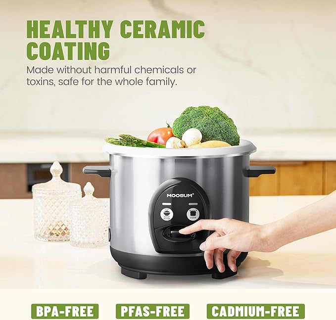 3-Cup Uncooked Rice Cooker Small - Ceramic Coating Non-Toxic Inner Pot, One-Touch Multifunction for Rice/Sauté/Yogurt, Dishwasher Safe, 1-3 People Size, Stainless Steel