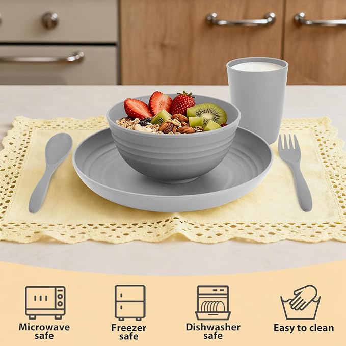 Wheat Straw Dinnerware Sets, 20 PCS Service for 4, Dishwasher & Microwave Safe Kids Plates and Bowls Sets, Unbreakable Lightweight Outdoor Camping Dishes - Gray