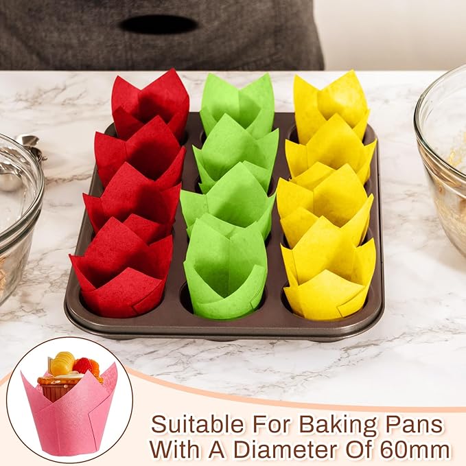 Motiskyy 300 Pcs Jumbo Muffin Liners for Baking 2-1/4" x 4" Large Tulip Cupcake Liners Greaseproof Cupcake Wrapper Paper for Weddings Birthday Christmas Anniversaries Party (Green,Red,Yellow,Pink)