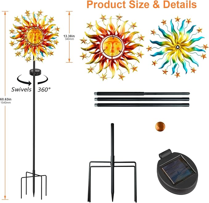 60.3" Solar Wind Spinner Outdoor Metal Sun Kinetic Sculpture – Dual-Sided Garden Spinner with Waterproof LED Vine Lights, Rust-Proof Yard Art Decor for Patio, Lawn & Pathway