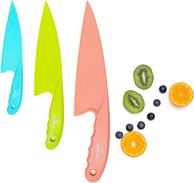 Baketivity 3 Piece Kids Knife Set | Plastic Kids Safe Knives for Kitchen | Toddler Knife Set for Real Cooking | Dishwasher Safe, Kid Friendly Safe Knives Set for Cutting Fruits, Veggies, Cakes