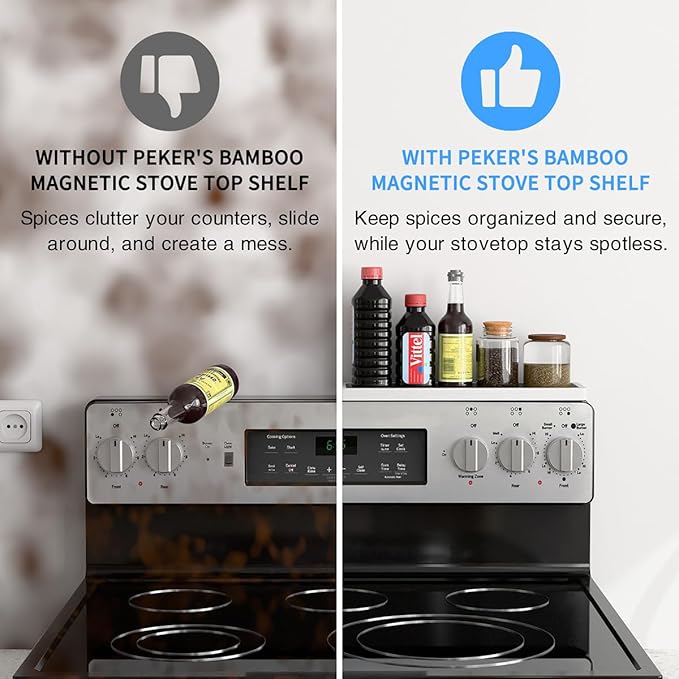 PEKER Magnetic Stove Top Shelf for 30" Stoves, Over Oven Shelf Above with Bamboo Spice Rack Organizer, Heat-Resistant, Space-Saving Solution for Kitchen Storage