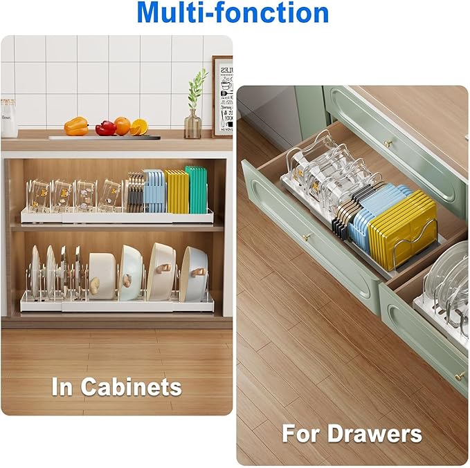 Mustorn Pots and Pans Organizer Under Cabinet, 22" Expandable Food Storage Container Lid Organizers with 9 Adjustable Dividers Pot and Pan Lid Holders Rack Inside Cabinet/Countertop(1 Pack, White)