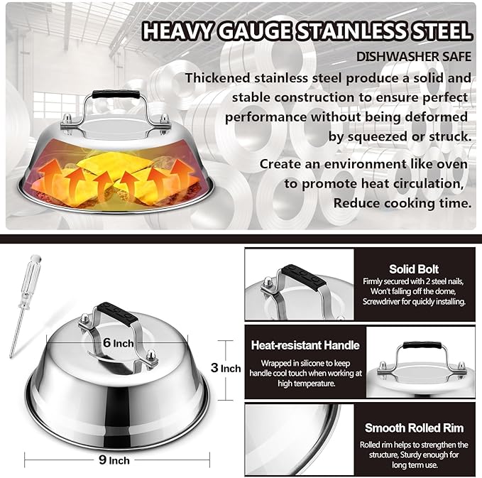Griddle Accessories Smash Burger Kit (5Pcs), Joyfair Grill Spatula with 9in Melting Dome & Bacon Press Set, Stainless Steel Turner, Basting Cover, Cast Iron Press for Outdoor BBQ (ABS Handle)