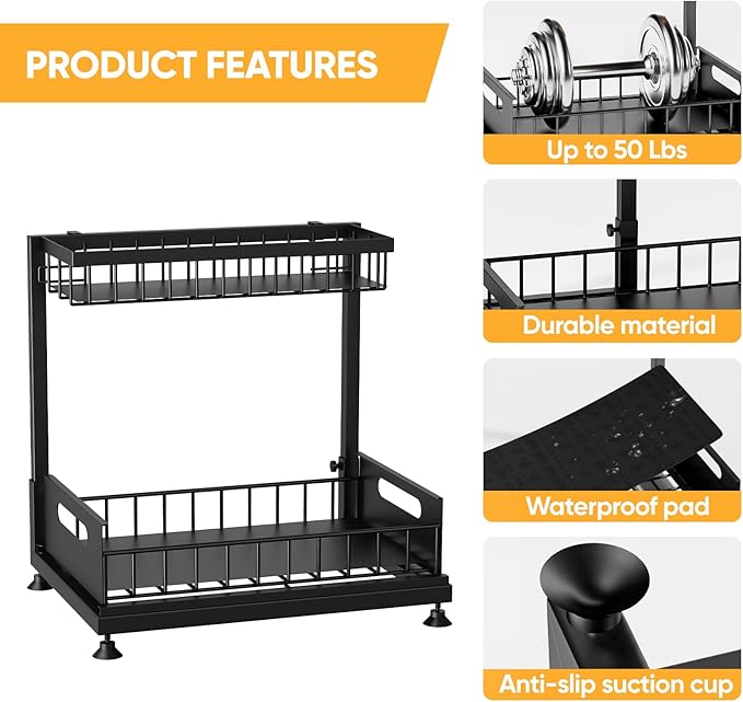Saydear Under Sink Organizer Storage 2-Tier Premium Metal Pull-Out Racks, Height Adjustable, Easy Installation | Kitchen & Bathroom Organizers
