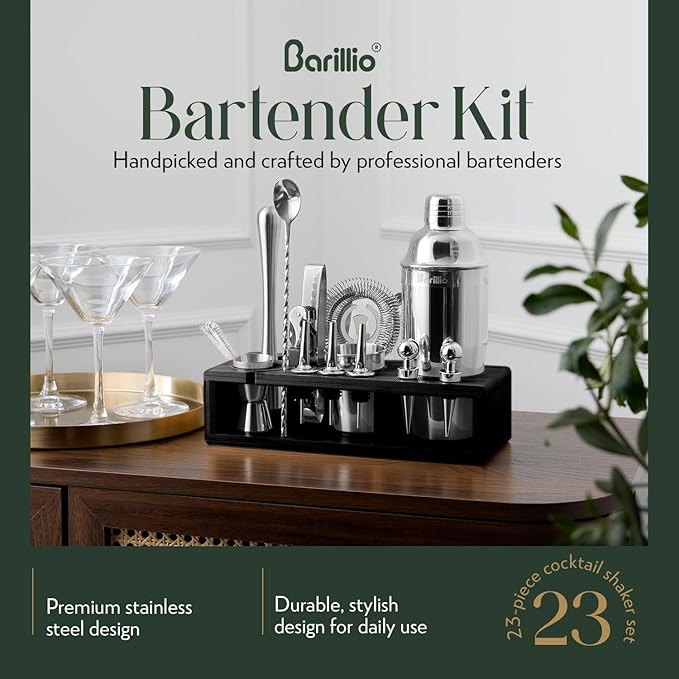 Barillio Silver Bartender Kit - Stainless-Steel Cocktail Shaker Set w/Black Bamboo Stand - Mixology Bar Tools w/Drink Shaker, Mixer & Muddler for Cocktails - Home Bar Accessories - 23-Pc Bar Set