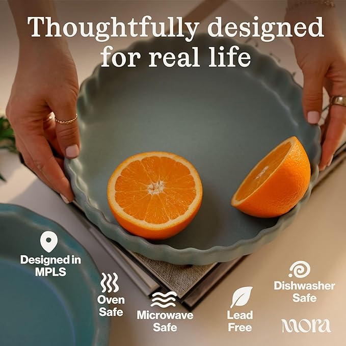 MORA Ceramic Tart Pan, 9.5 Inch Large Porcelain Baking Dish for Tarts, Quiche, Pie, Flan etc. Fluted Ruffled Edge, Oven, Microwave, Freezer, and Dishwasher safe - Great Gift For Bakers - Peppercorn