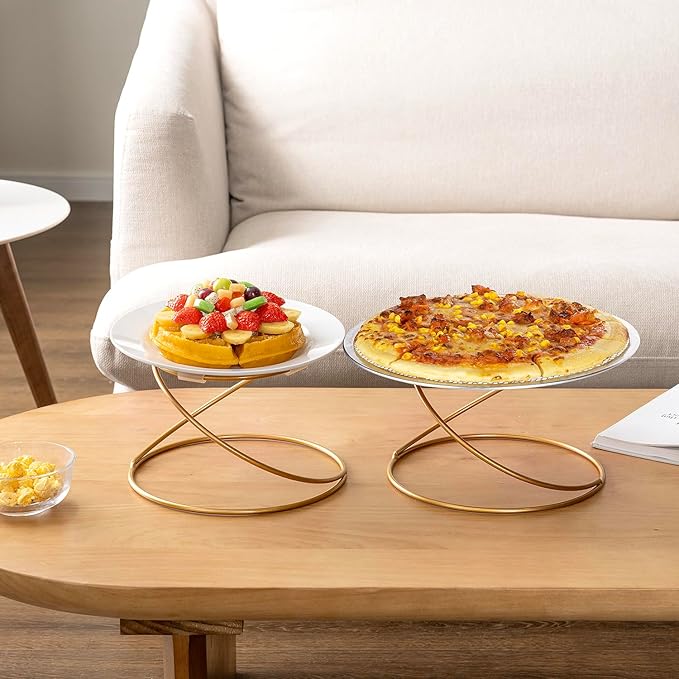 MyGift Modern Gold Tone Metal Wire Spiral Pizza Pan Pedestals, Tabletop Serving Platter Riser Stands, Food Dish Rests or Dessert Tray Display Racks, Set of 4