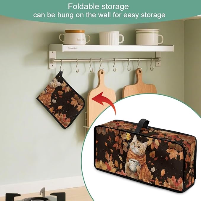 Thanksgiving Toaster Cover 2 Slice Water-Resistant Folding 2 Slice Slim Toaster Cover, Cat Maple Leaf Print Dustproof Protective Covers for Small Appliance