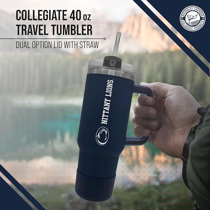 Campus Colors College & University 40 oz Travel Tumbler With Handle - Dual Option Lid With Straw - Vacuum Insulated Stainless Steel (Penn State Nittany Lions - Navy)