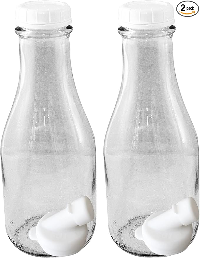 The Dairy Shoppe 1 Qt Glass Milk Bottle 32 Oz Tall/Round Style with Snap-on Caps and Pour Spouts (2 pack)