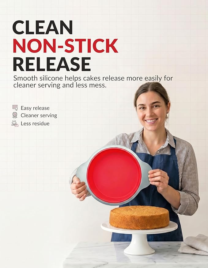 Boxiki Kitchen 9 Inch Non-Stick Silicone Round Cake Pan with Steel Frame Handles - Perfect for Baking Delicious Round Cakes
