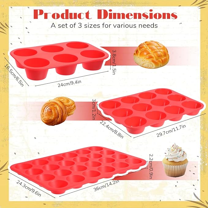 3 Pcs Silicone Muffin Pan Set, Silicone Muffin Pans for Baking Red 24/12/6 Cups Mini/Regular/Large Non-Stick Cupcake Pan for Kitchens, Restaurants, Bakeries
