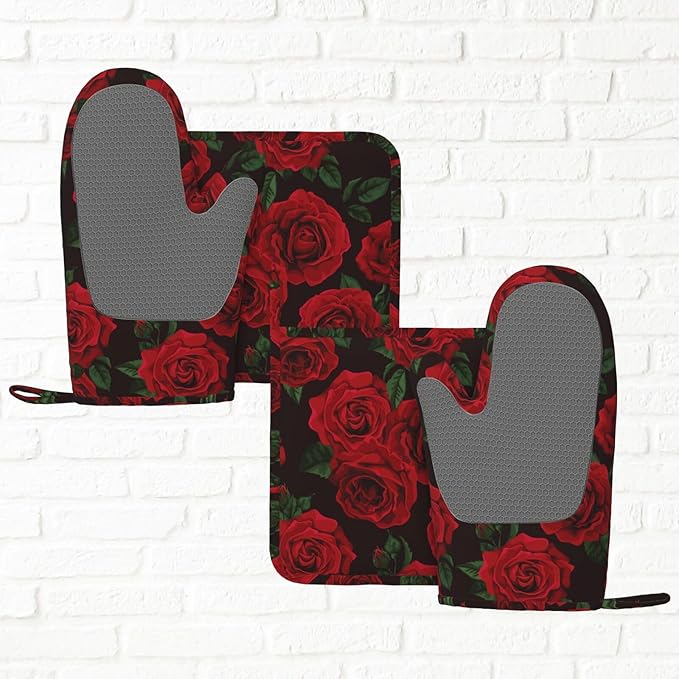 Red Black Rose Flower Oven Mitts and Pot Holders Sets of 4, Heat Resistant Silicone Oven Mittens and Potholders Gloves Hot Pads for Kitchen Cooking Baking Grilling BBQ Chef