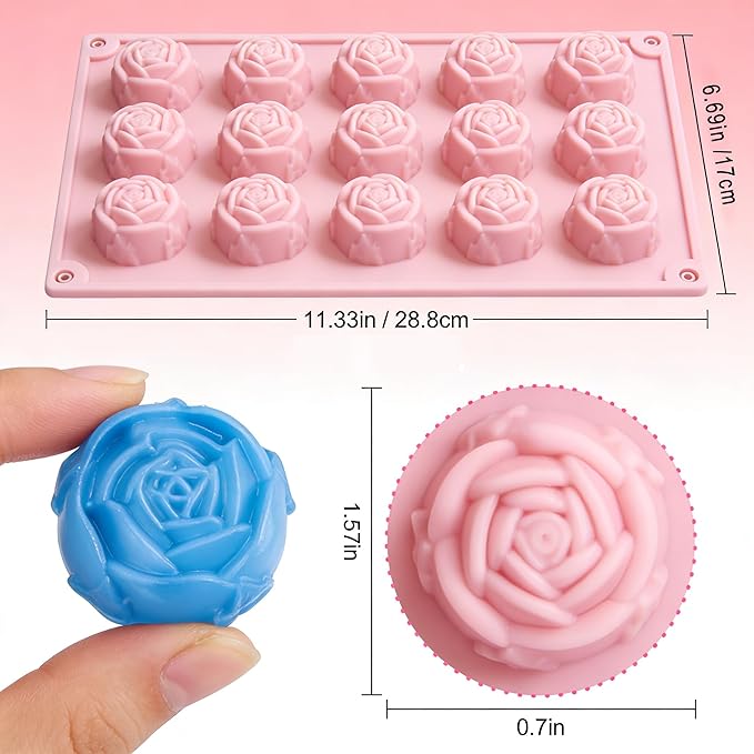 2 Pcs 15-Cavity Rose Flower Silicone Mold Non-Stick Fondant Molds for Cake Decorating Sugarcraft Candy Chocolate Ice Cube Resin Clay Kitchen Baking Tools