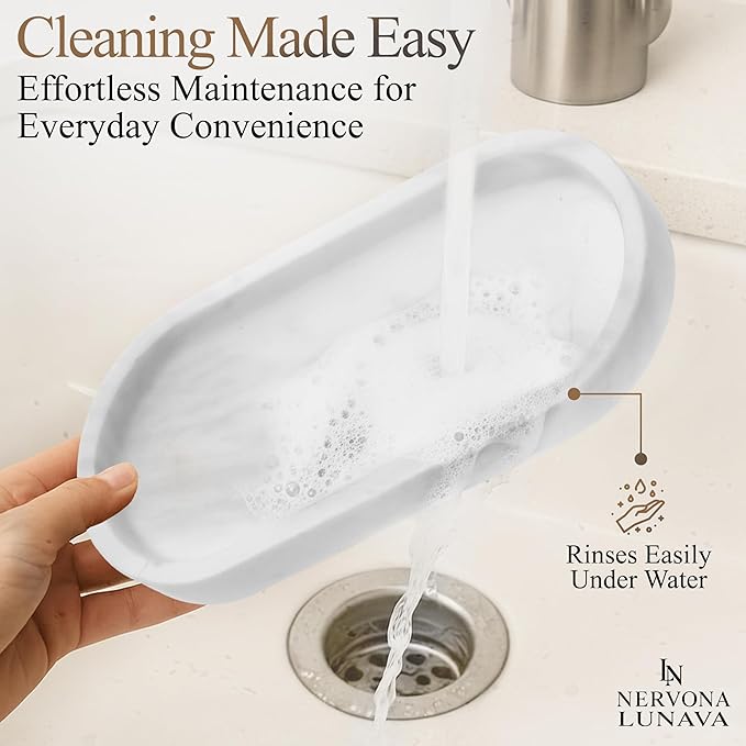 Lunava Real Natural Marble Tray for Bathroom Counter, Oval Natural Marble Tray for Kitchen Counter, Hand-Polished Natural Stone Caddy for Vanity, Sink, or Dresser, 9.8"x4.7"in, White
