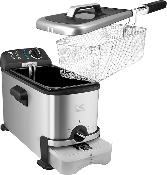 Kalorik Deep Fryer with Oil Filtration, Featuring Adjustable Temperature Control Dishwasher-Safe Basket and Easy-View Window with Odor Filters, 1700-Watts, 3.2-Quart, Silver