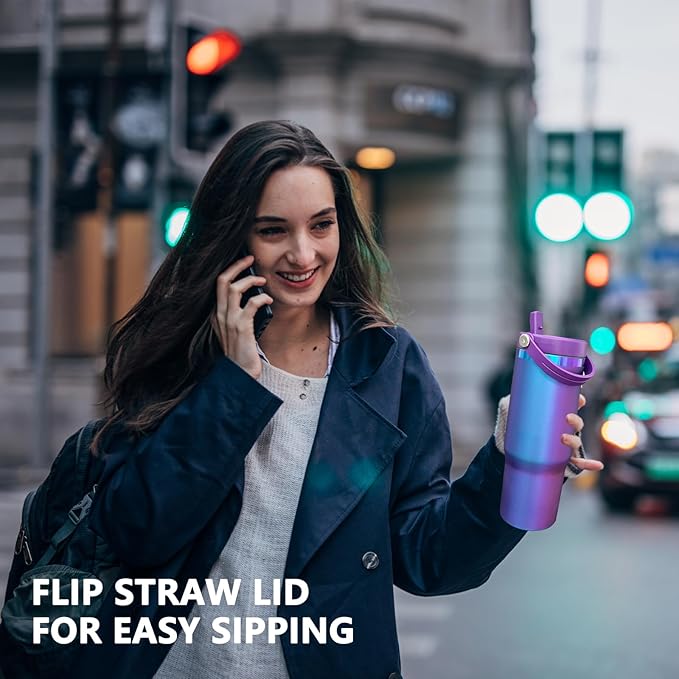 30 oz Tumbler Bulk with Handle and Straw, Vacuum Insulated Tumblers with Flip Straw and Top Handle, Leakproof Powder Coated Tumbler, Stainless Steel Travel Mug for Coffee (BluePurple, 8 Pack)