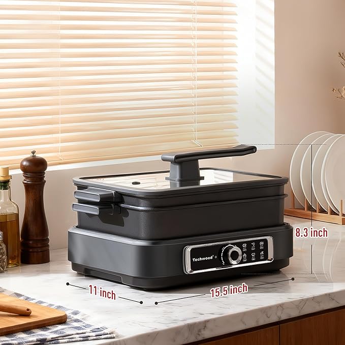Electric Skillet, Techwood 7.5-Quart 2-in-1 Versatile Multi-Cooker with 5-Level Heat Settings, Come with Removable Non-stick Skillet Pan& Cooking Pot, Dishwasher Safe, 1500W, Black (Black)