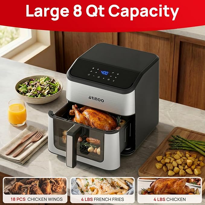 Air Fryer Pro 8 Qt, 8-in-1 Air Fryer with Viewing Window, 360° Rapid Air, 1500W, 80% Less Oil, Nonstick Dishwasher-Safe Basket, PFAS & Teflon-Free, 400°F, Recipe Book, Black