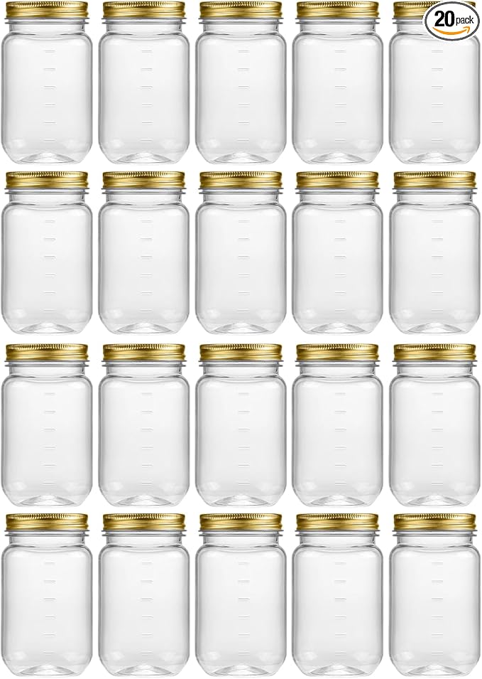 novelinks 16 oz Clear Plastic Jars with Lids, Refillable 16oz Mason Jars with Lids & Storage Containers for Kitchen & Household Use (20 Pack,Gold)