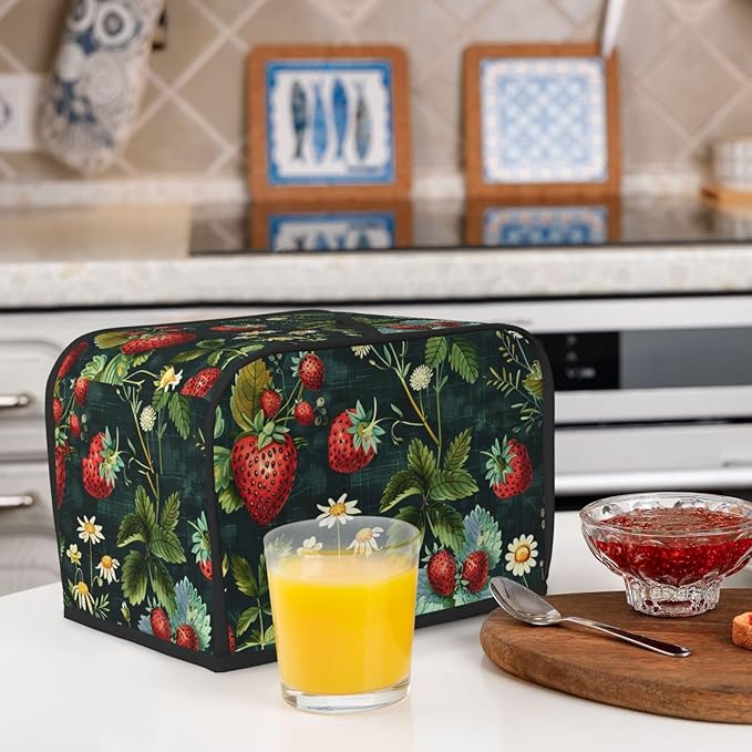 Red Strawberries Toaster Cover 2 Slice, Cute Rural Bread Machine Cover, Washable Dust-Proof Cover for Kitchen Small Appliance Cover,with Top Handle
