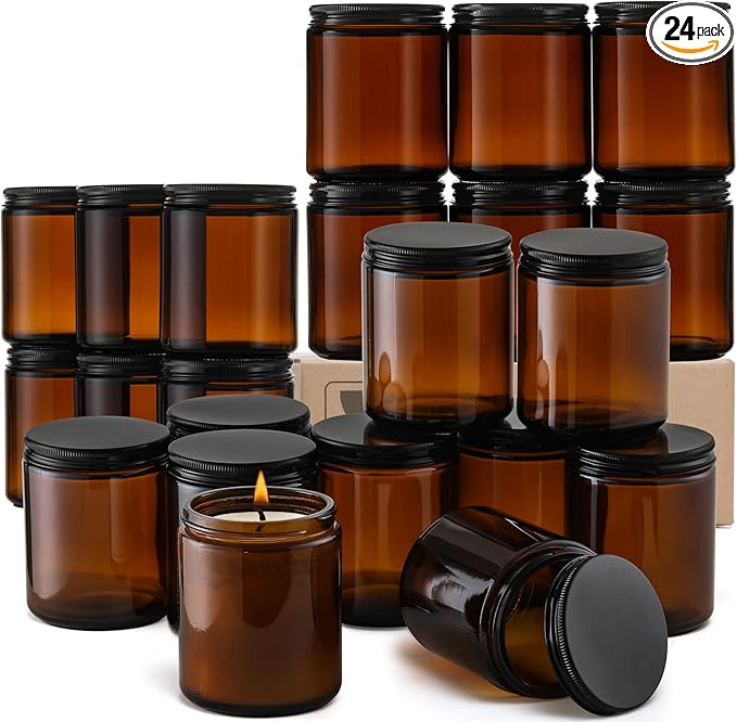 24 Pack, 8 OZ Thick Amber Candle Jars for Making Candle - Round Glass Jars with Lids - Empty Food Storage Containers, Canning/Mason Jar For Spice, Powder, Liquid, Sample - Leakproof & Food Grade