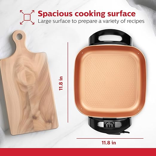 Holstein Housewares 12-Inch Electric Skillet - 1400W Electric Pan with Adjustable Temperature Control, PFOA-Free Non-Stick Coating, Cool-Touch Handles, Multi-Function Cooker, Copper & Black