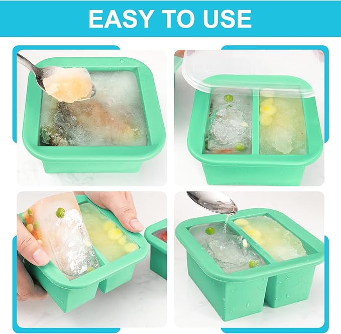 Silicone Freezer Tray with Lid 2 Pack Silicone Freezer Molds Ice Cube Tray Makes 4 Perfect 1 Cup Portions Soup Cubes Meal Prep Containers- Oven & Dishwasher Safe