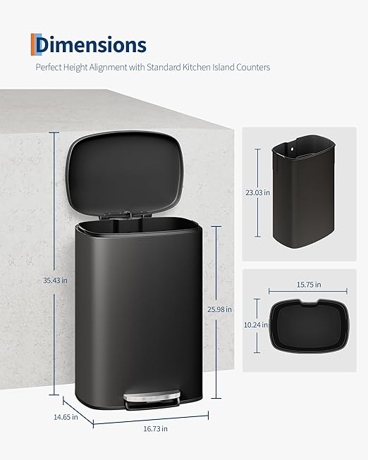 Garvee 13 gal (50 L) and 2.6 gal (10 L) Metal Trash Can Combo Set, Rustproof Garbage Can with Lid, Step-on Trash Bin with Inner Bucket, Rear Handle, Black