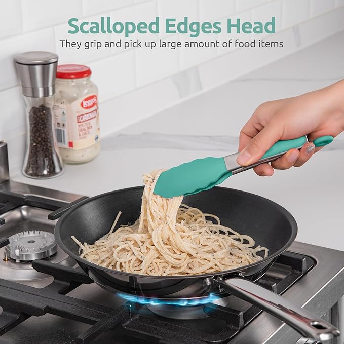 480ºF Heat Resistant Kitchen Tong: U-Taste 7in Silicone Cooking Tong with Firm Sealed Non Stick Rubber Tips & Silicon Coated 18/8 Stainless Steel Handle & Smooth Locking for Serving Salad (Aqua Sky)
