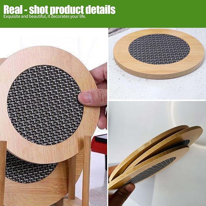 4 Pcs Wooden Trivets Hot Pads for Kitchen,5.7 Inch Trivets with Anti - Slip mesh for Coffee Mat/Table Mats Frying Pans/ot Dishes/Hot Pot/Bowl/Teapot/(Round)
