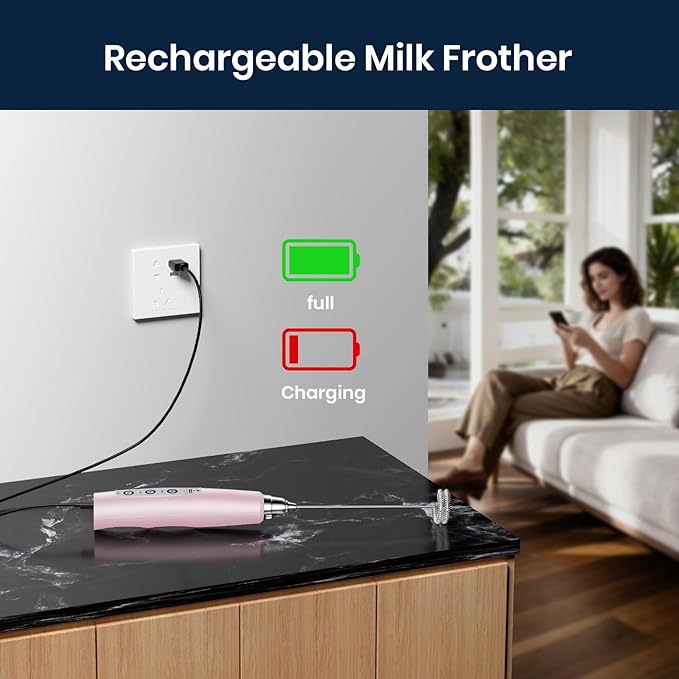 Sakgos Milk Frother Rechargeable Handheld - Electric Whisk 3 Speed Adjustable, Coffee Frother Wand with 3 Stainless Whisks, Electric Foam Maker, Drink Mixer Blender for Latte Cappuccino Matcha Egg