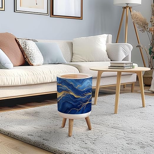 Trash Can with Lid abstract blue marble golden veins painted artificial marbled surface Press Top Round Small Garbage Bin with Wooden Legs Waste Basket for Kitchen Bedroom Nursery 7L/1.8 Gallon