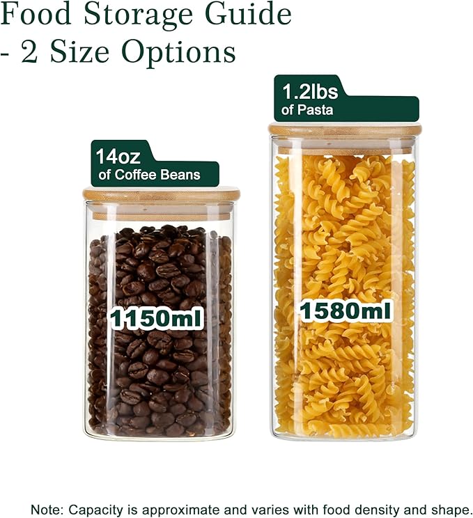 LIBWYS 8-Pack Glass Pantry Storage Containers with Bamboo Lids (1.22Qt/1.67Qt) - Stackable Square Food Jars for Pantry Organization, Coffee, Flour, Snacks, Tea | Kitchen Canisters Set