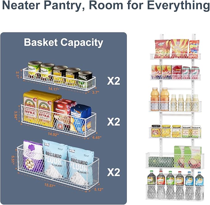 Bunoxea 6-Tier Over The Door Pantry Organizer,Hanging Spice Rack with Adjustable Basket,Over Door Racks,Pantry Organization And Storage, Laundry Room,Bathroom,Large Capacity,D5.3xW15.7xH60.9in