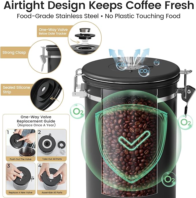 Veken Large Coffee Canister with Window, Kitchen Food Storage Airtight Stainless Steel Container for 2.2lbs Coffee Beans, Grounds, Rice,Tea, Flour, Cereal, Sugar Jars,Date Tracker and Scoop 39oz,Black