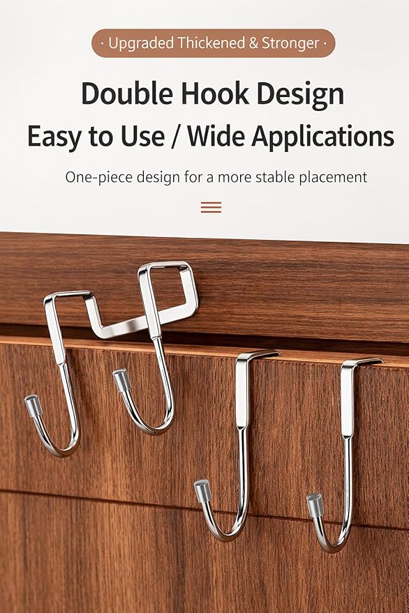 304 Stainless Steel Over Door S Hooks, Heavy Duty Double Hooks, No Drill Cabinet & Door Hooks for Kitchen, Bathroom, Closet, Towel & Bag Hanger, Rustproof, 4 Pack