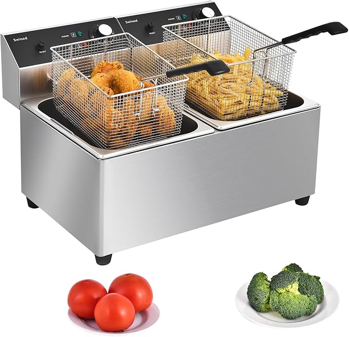 Commercial Deep Fryer with Basket, 3400w 28Qt Dual Tank 0.6mm Thickened Stainless Steel Countertop Electric Fryer for Home and Commercial Use, Oil Fryer with Double Overheat Protection