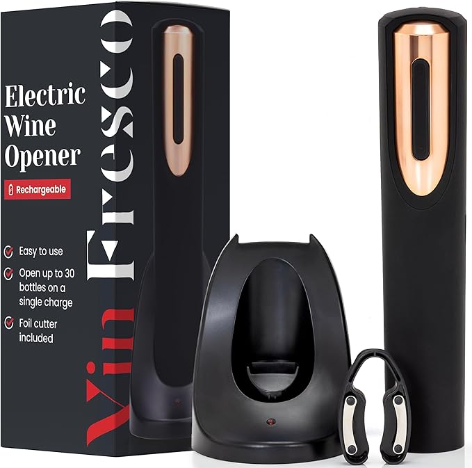 Rechargeable Electric Wine Bottle Opener - Charging Base and Foil Cutter Included with Automatic Wine Opener - Electric Corkscrew for Easy Cork Removal - Best Gift for Wine Lover (Black & Rose Gold)
