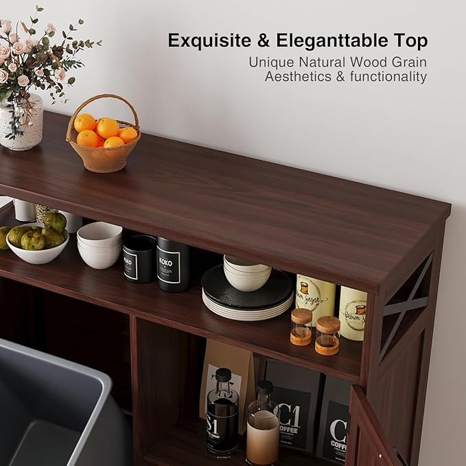 Tilt Out Trash Can Cabinet for 13 * 1 Gallon Trash Can, Farmhouse Kitchen Island Cabinet with Adjustable Shelf for Hidden Laundry Basket, Dog Proof Garbage Can for Dining Living Room, Dark Brown
