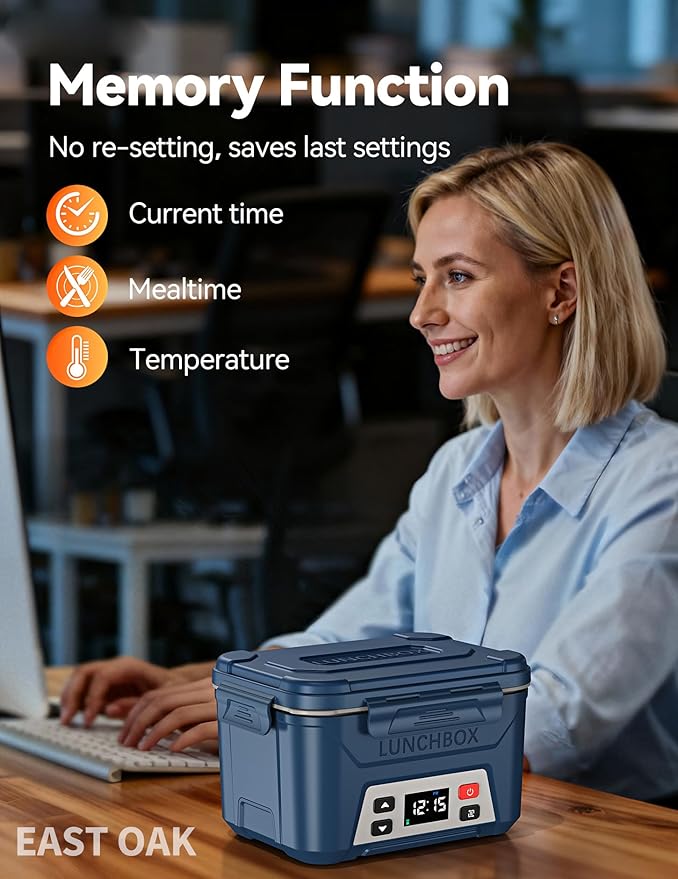 EAST OAK Heated Lunch Box for Men, Electric Lunch Box for Adults, 5.5 Cups Cordless Portable Food Warmer, Rechargeable Self Heating Food Heater with Memory Function, Automatic Keep Warm(Classic Blue)