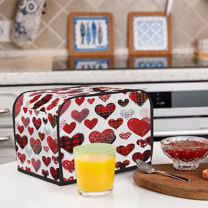 2 Slice Toaster Cover,Valentine's Day Buffalo Heart Small Kitchen Appliance Bread Machine Cover with Pockets,Dust & Fingerprint Protection