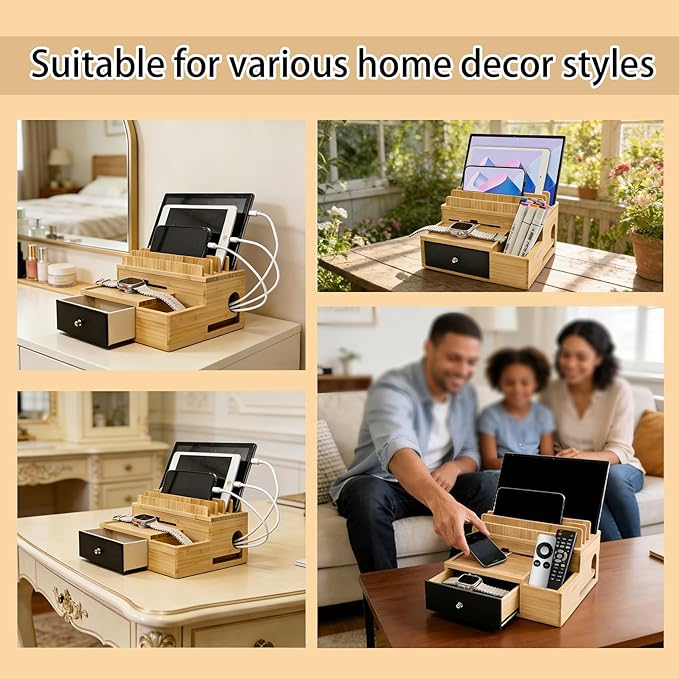 Bamboo Charging Organizer for Multi-Devices, with Drawer and Pen Holder, Nightstand Desk Charging Stations Electronic Organizer for Cell Phone, Tablet, Etc (with 5-Cable, No USB Charger)