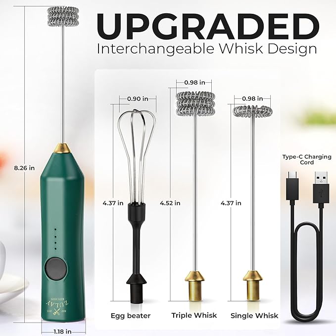 Zulay Kitchen Rechargeable Milk Frother - Dynamic - 3 Speeds, 3 Whisk Attachments, 500 mAh USB Charging, Drink Mixer For Latte, Cappuccino, Matcha, Protein Powder, Coffee Foam - Green Gold