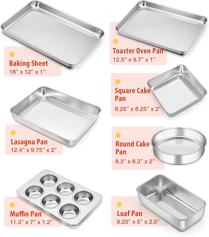 TeamFar Bakeware Sets of 7, Stainless Steel Bakeware Sets for Oven, Baking Sheet & Toaster Oven Pan, Square & Round Cake Pan, Muffin Pan & Loaf Pan, Lasagna Pan, Healthy & Sturdy, Dishwasher Safe