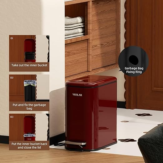 Slim Bathroom Trash Can with Lid, 1.6 Gallon / 6 Liter Stainless Steel Trash Bin, Step Pedal Garbage Cans for Bedroom, Kitchen, Office (Black)